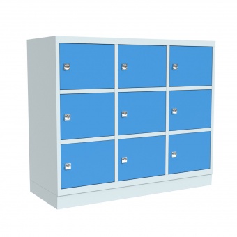 Schließfachschrank aus Stahl, 105 cm hoch, 92x50 cm (B/T), 9 Fächer, 3-spaltig, Schließfachschrank aus Stahl, 105 cm hoch, 92x50 cm (B/T), 9 Fächer, 3-spaltig,